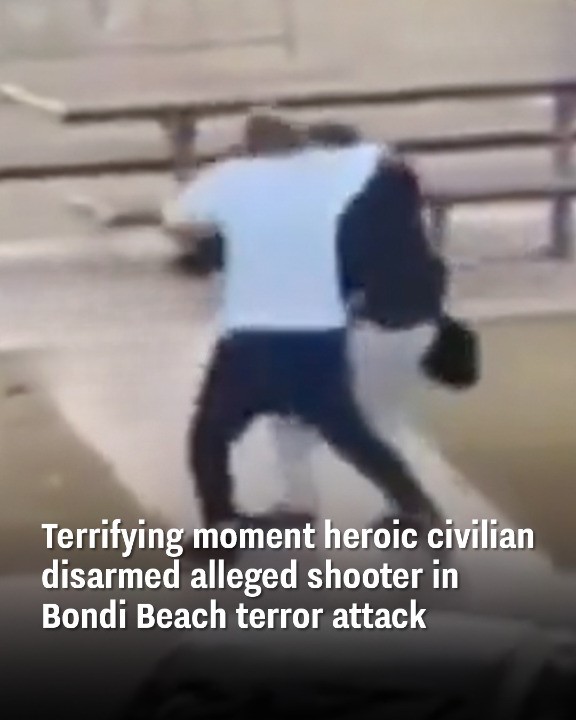 Terrifying moment heroic civilian disarmed alleged shooter in Bondi Beach terror attack